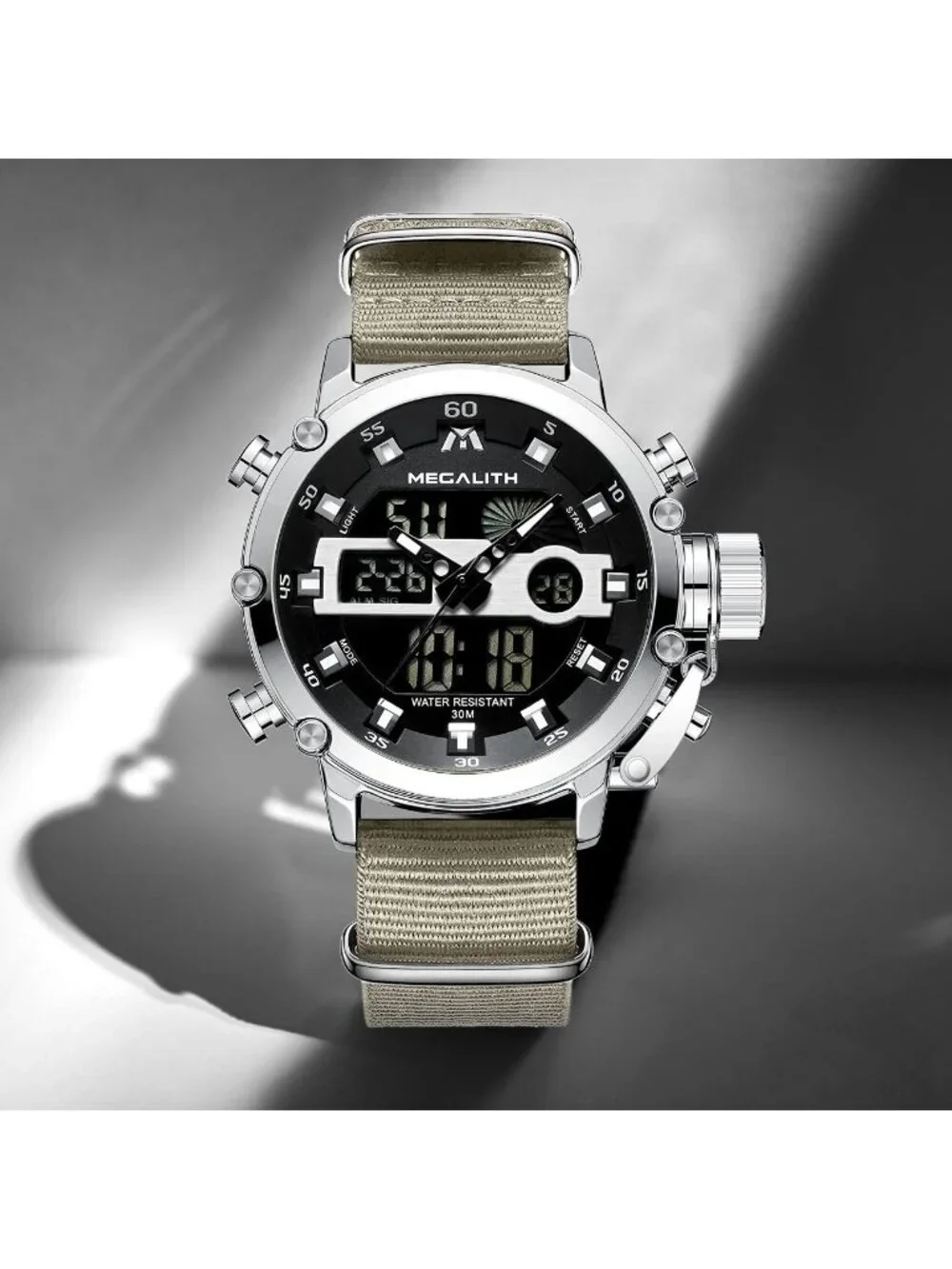 Men's Khaki Analog Quartz Nylon Strap Waterproof Multifunction Digital Watch